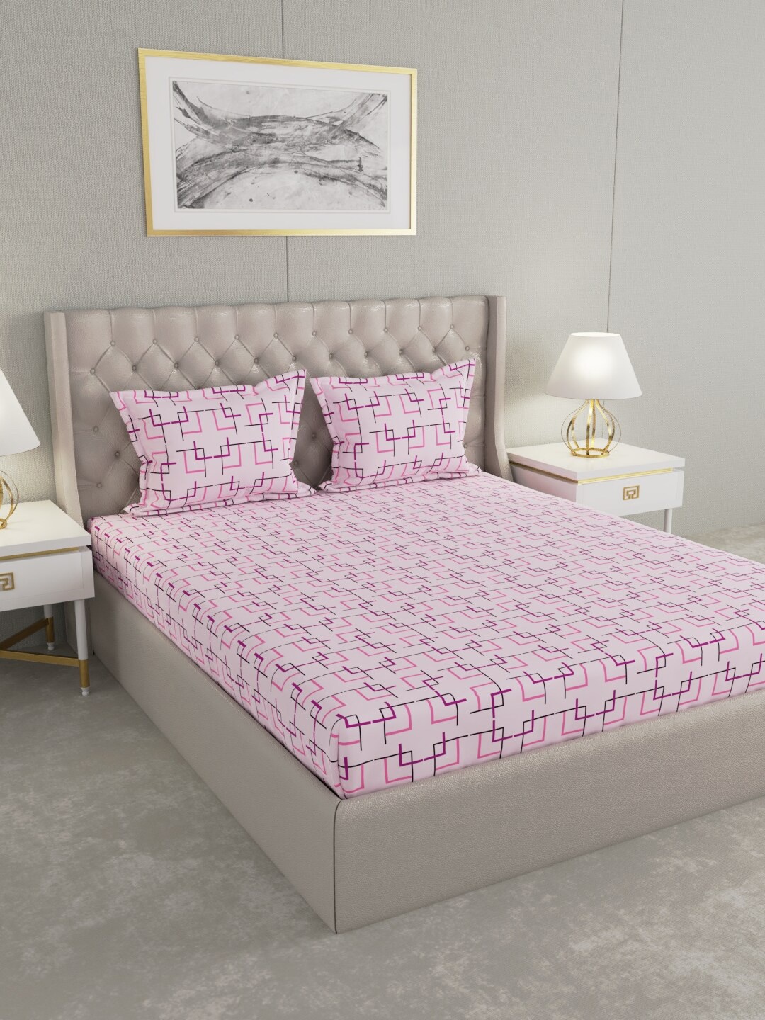 

Raymond Home Pink & Black Geometric 100 TC King Bedsheet with 2 Pillow Covers