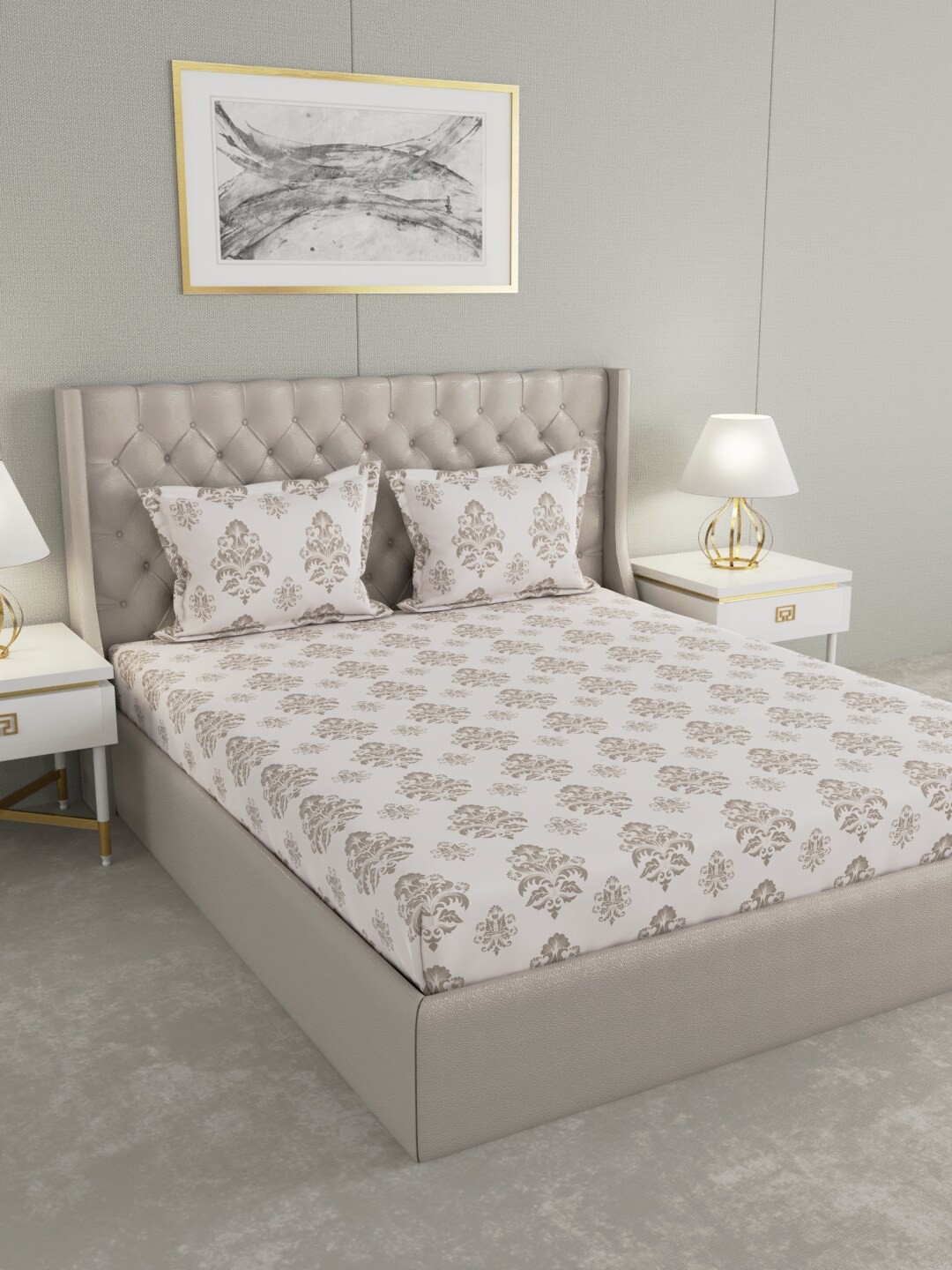

Raymond Home Grey & Off White Ethnic Motifs 100 TC King Bedsheet with 2 Pillow Covers