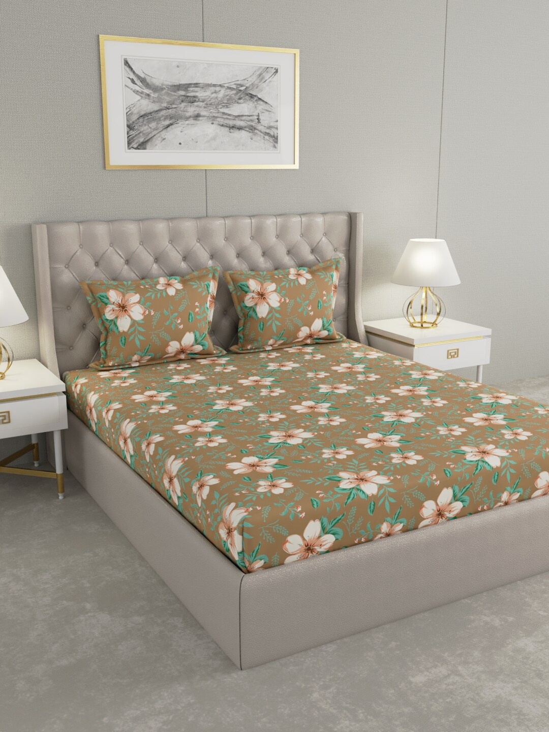 

Raymond Home Brown & Green Floral 100 TC King Bedsheet with 2 Pillow Covers