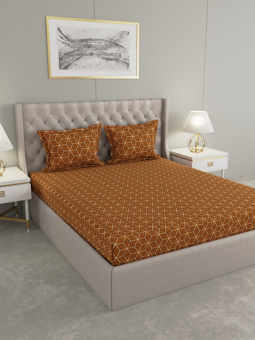 

Raymond Home Brown & Blue Geometric 100 TC King Bedsheet with 2 Pillow Covers