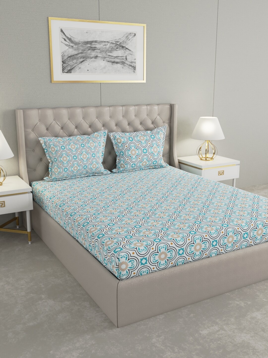 

Raymond Home Blue & Grey Ethnic Motifs 100 TC King Bedsheet with 2 Pillow Covers