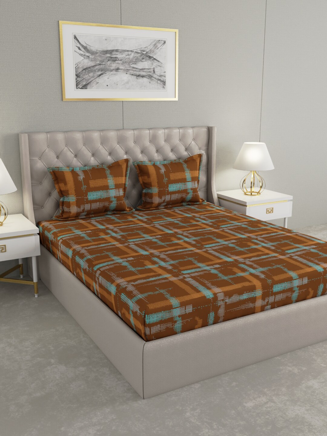 

Raymond Home Brown & Blue Geometric 100 TC King Bedsheet with 2 Pillow Covers
