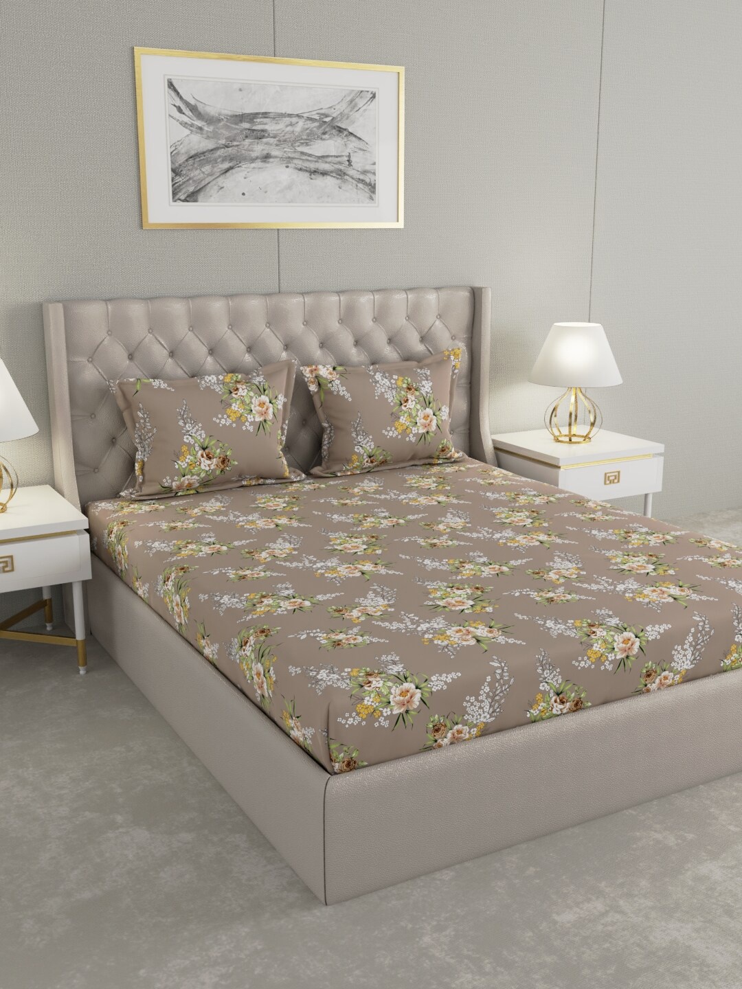 

Raymond Home Brown & Green Floral 100 TC King Bedsheet with 2 Pillow Covers