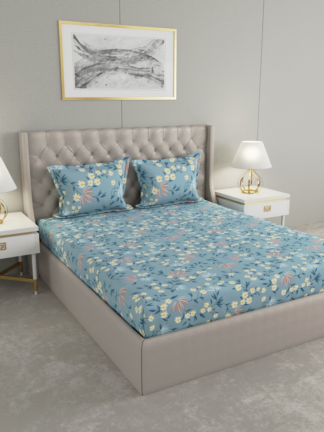 

Raymond Home Blue & Yellow Floral 100 TC King Bedsheet with 2 Pillow Covers
