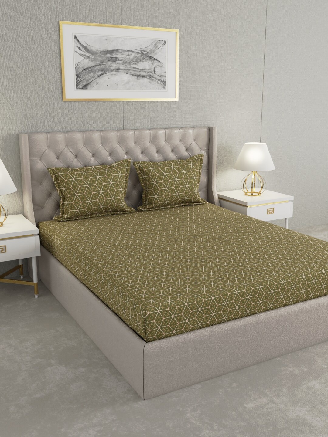 

Raymond Home Green & Brown Geometric 100 TC King Bedsheet with 2 Pillow Covers