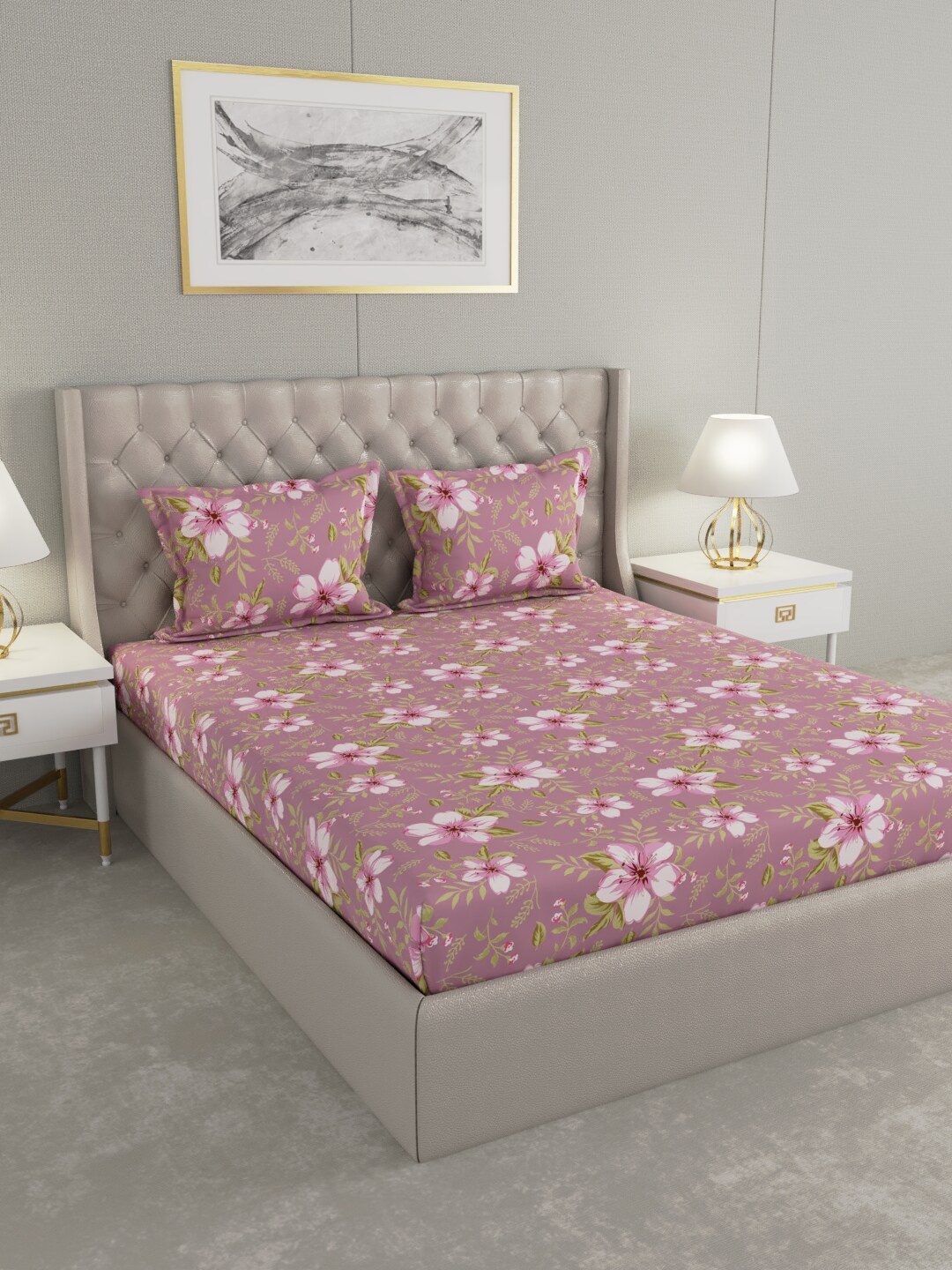 

Raymond Home Purple & Green Floral 100 TC King Bedsheet with 2 Pillow Covers