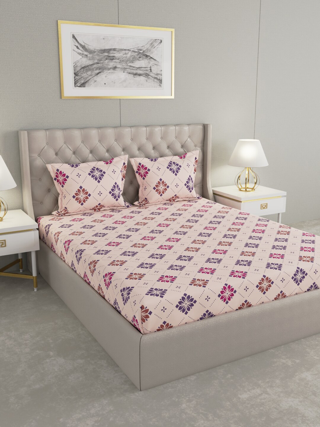 

Raymond Home Peach-Coloured & Purple Ethnic Motifs 100 TC King Bedsheet with 2 Pillow Covers