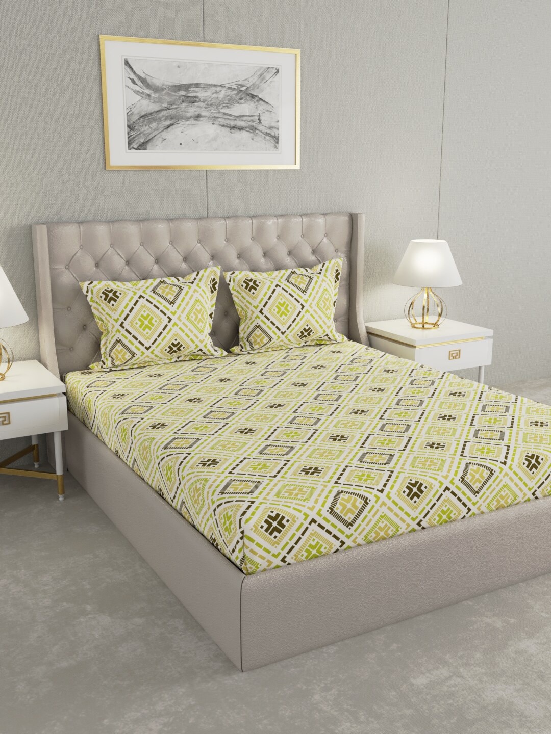 

Raymond Home Green & White Geometric 100 TC King Bedsheet with 2 Pillow Covers