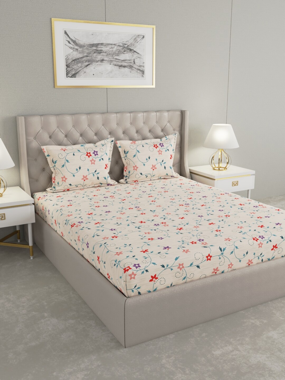 

Raymond Home Beige & Green Floral 100 TC King Bedsheet with 2 Pillow Covers