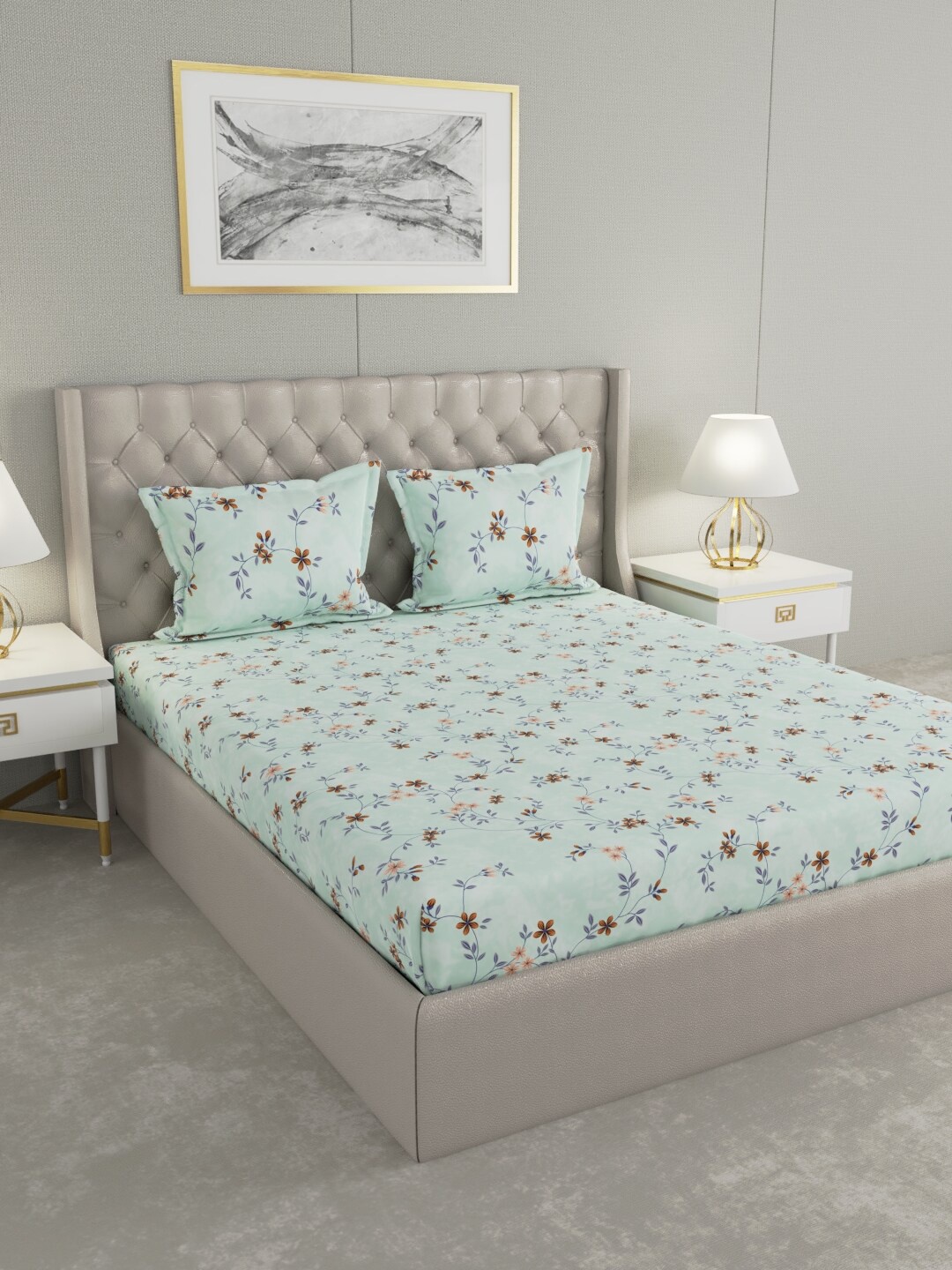 

Raymond Home Blue & Brown Floral 100 TC King Bedsheet with 2 Pillow Covers