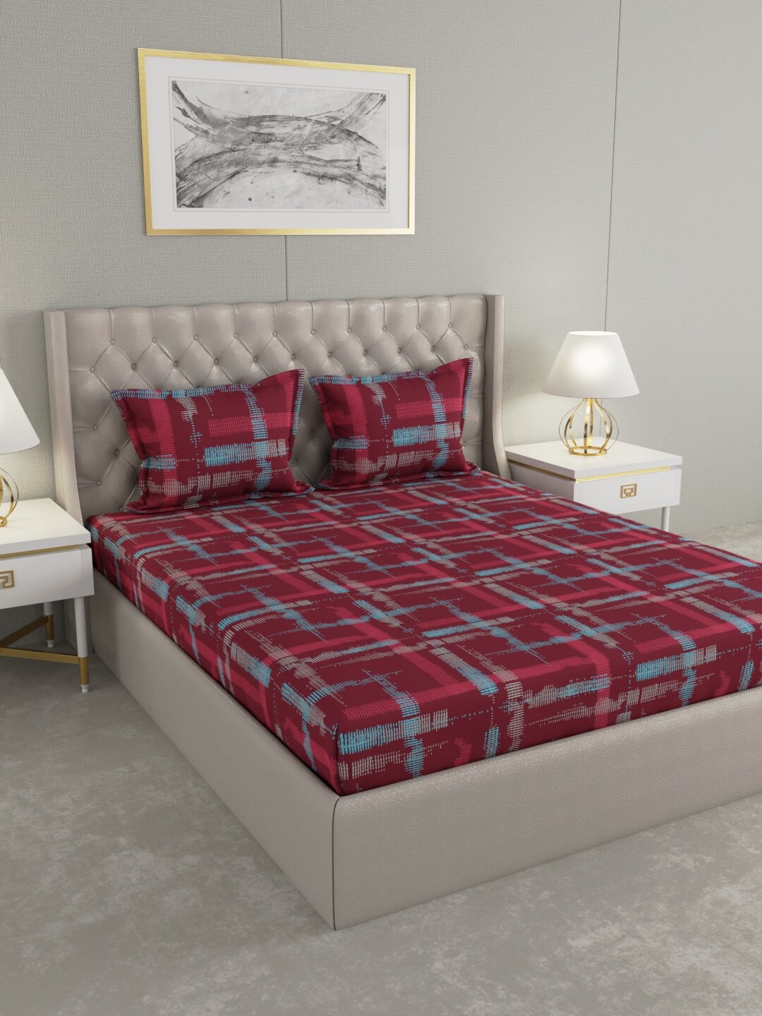 

Raymond Home Maroon & Blue Geometric 100 TC King Bedsheet with 2 Pillow Covers