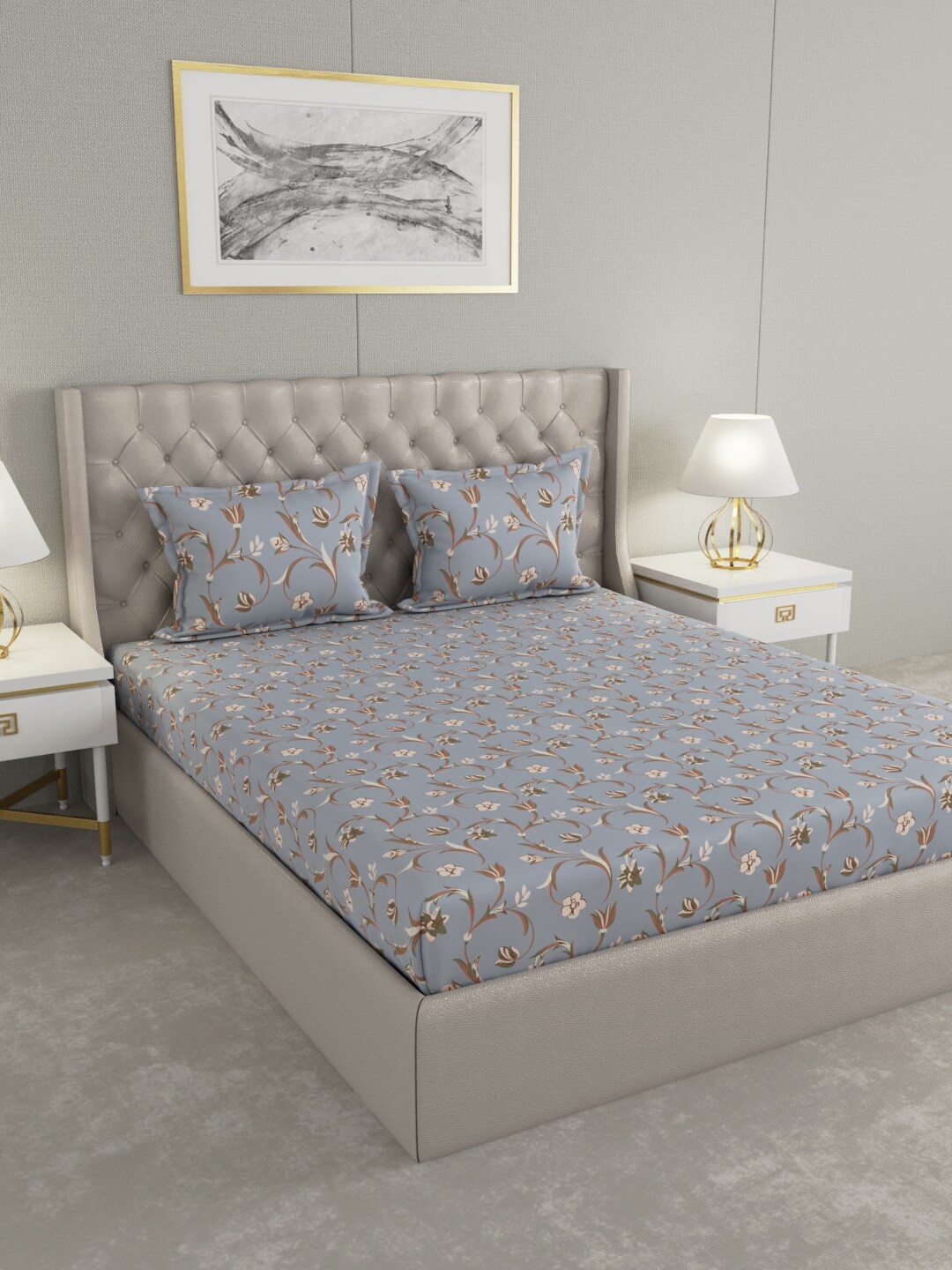 

Raymond Home Grey & Brown Floral 100 TC King Bedsheet with 2 Pillow Covers