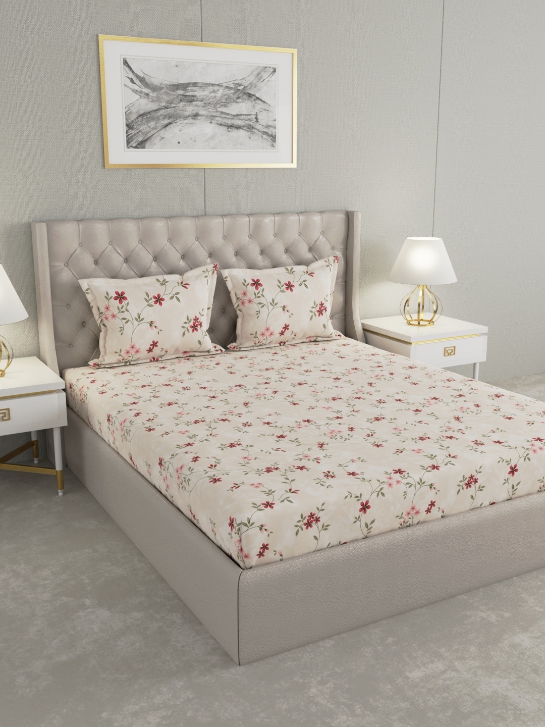 

Raymond Home Peach-Coloured & Green Floral 100 TC King Bedsheet with 2 Pillow Covers