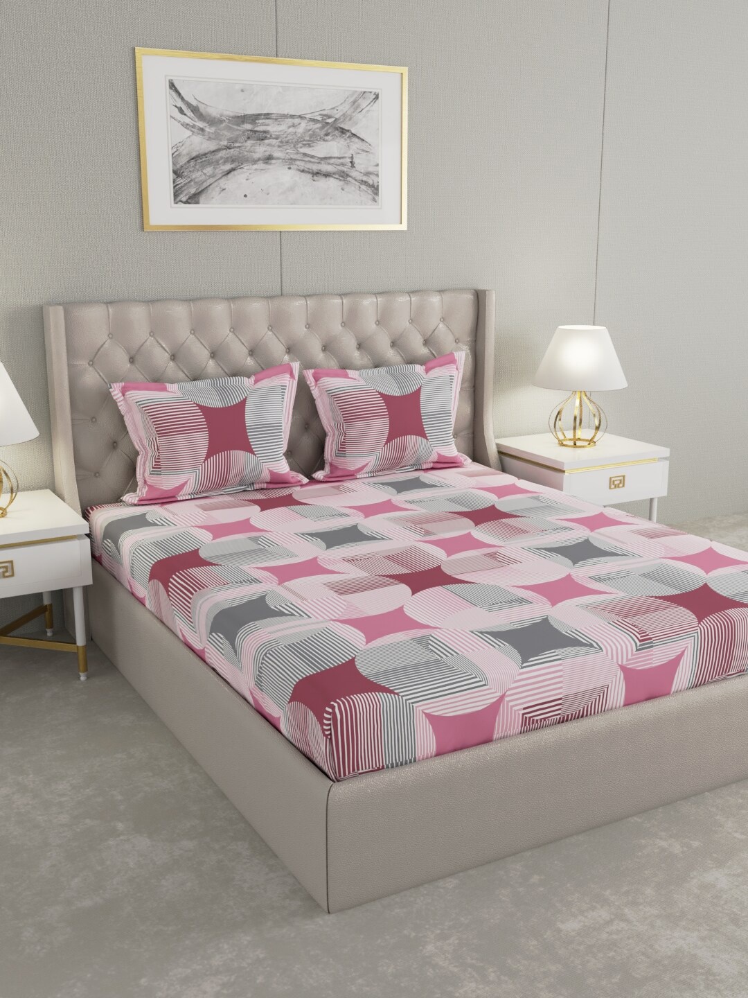 

Raymond Home Pink & Grey Geometric 100 TC King Bedsheet with 2 Pillow Covers