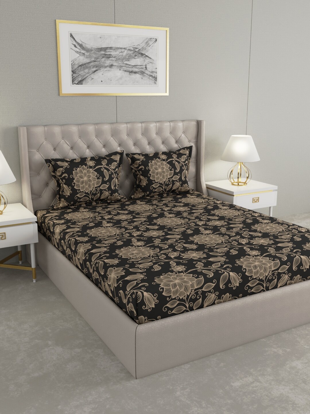 

Raymond Home Grey & Black Floral 100 TC King Bedsheet with 2 Pillow Covers