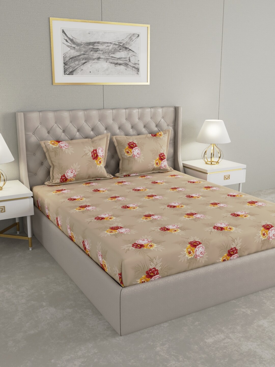 

Raymond Home Gold-Toned & Red Floral 100 TC King Bedsheet with 2 Pillow Covers
