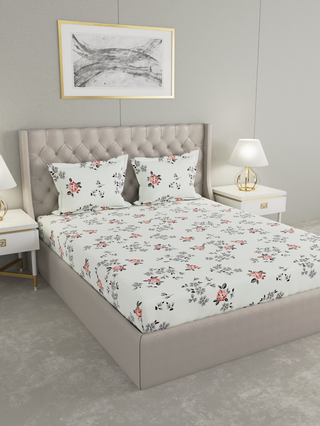 

Raymond Home Grey & Pink Floral 100 TC King Bedsheet with 2 Pillow Covers
