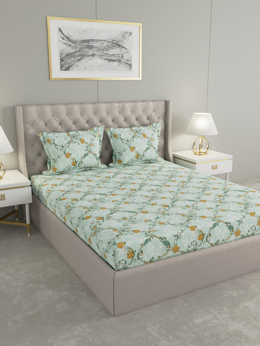

Raymond Home Green & Yellow Floral 100 TC King Bedsheet with 2 Pillow Covers