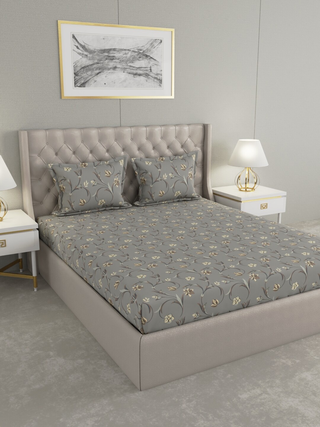 

Raymond Home Grey & Beige Floral 100 TC King Bedsheet with 2 Pillow Covers