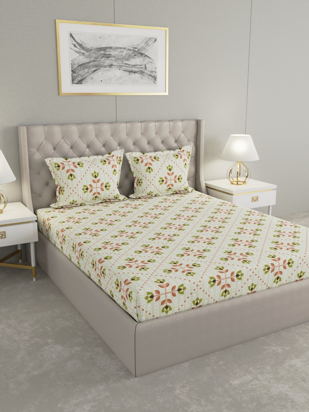 

Raymond Home Green & Grey Floral 100 TC King Bedsheet with 2 Pillow Covers