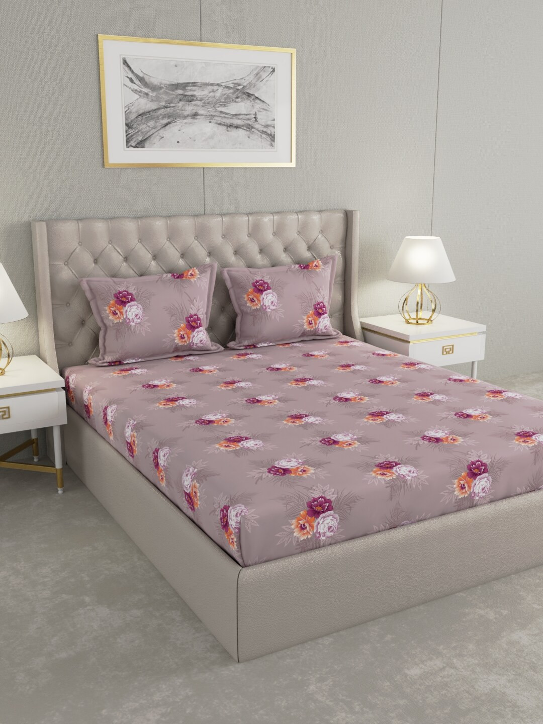 

Raymond Home Purple & Peach-Coloured Floral 100 TC King Bedsheet with 2 Pillow Covers