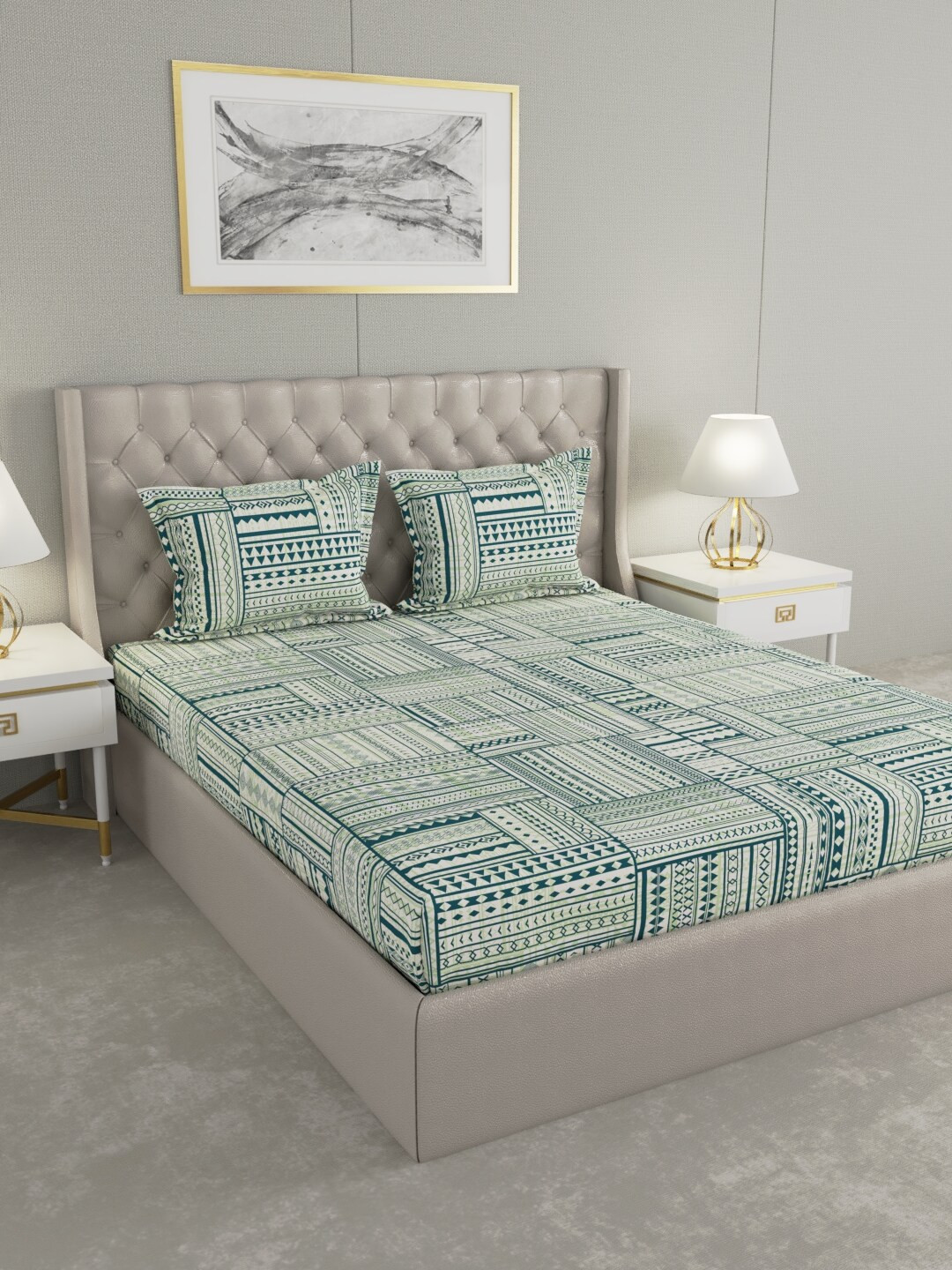 

Raymond Home Green & White Geometric 100 TC King Bedsheet with 2 Pillow Covers