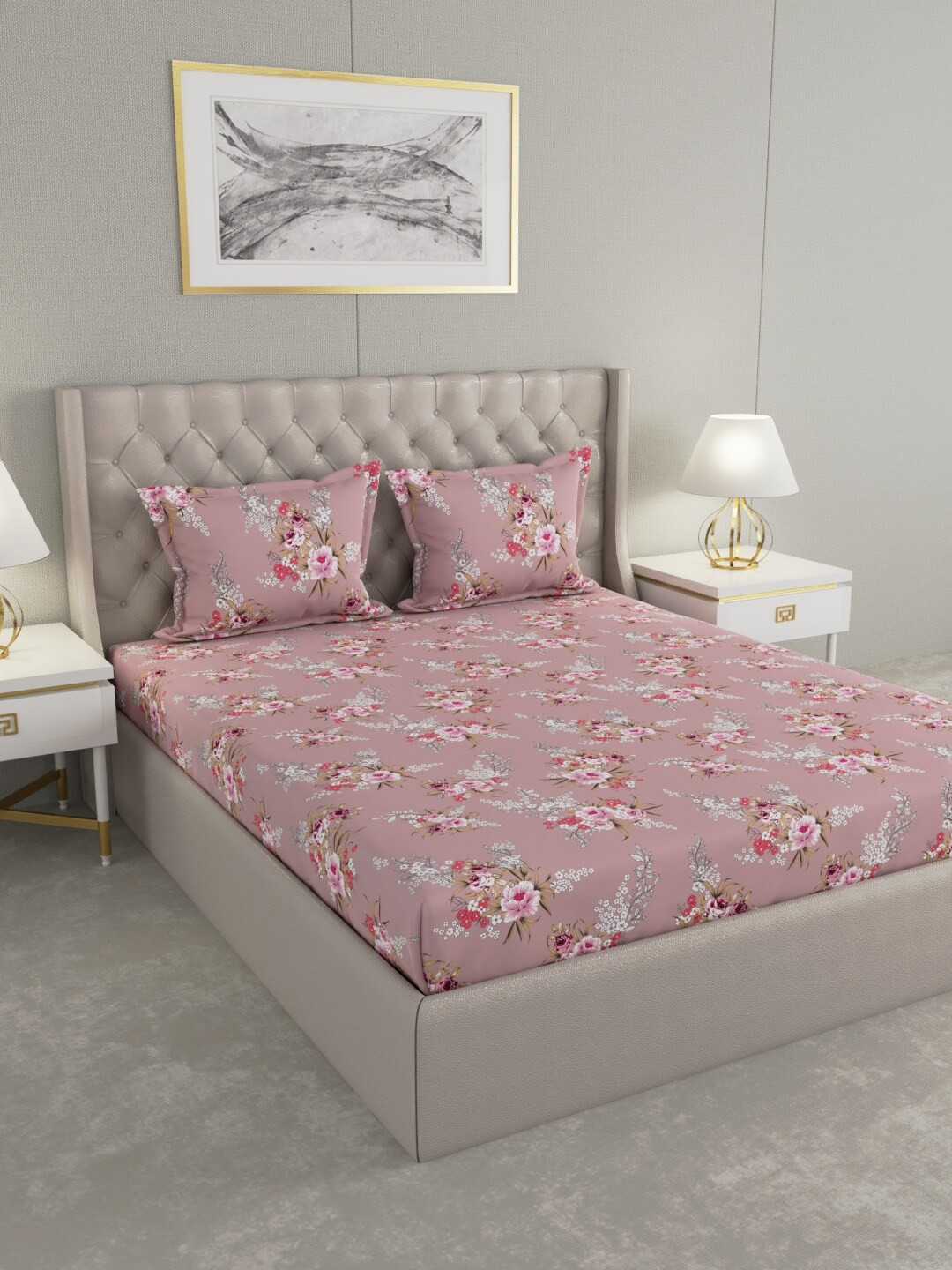 

Raymond Home Pink & Grey Floral 100 TC King Bedsheet with 2 Pillow Covers