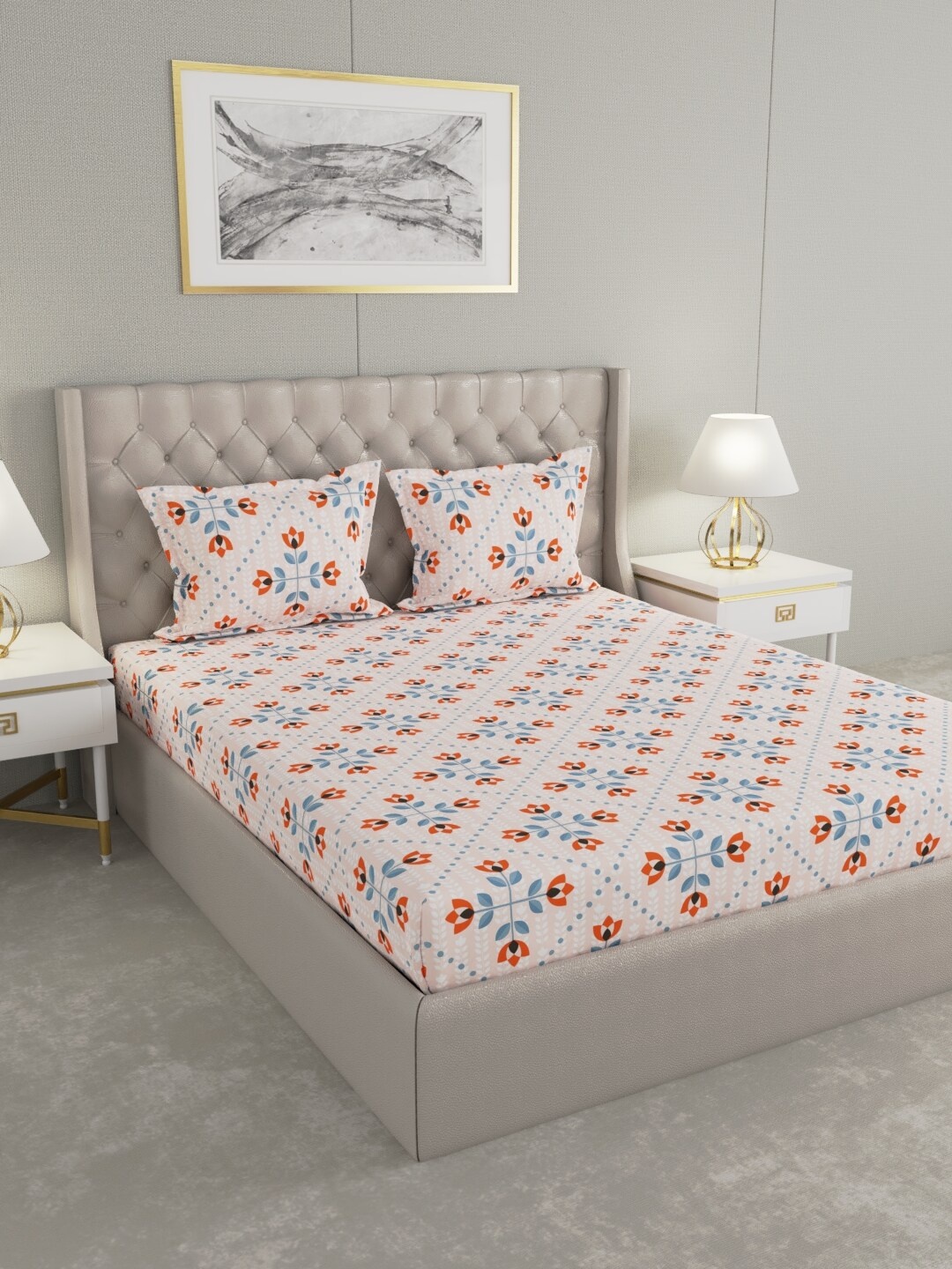 

Raymond Home Orange & Pink Floral 100 TC King Bedsheet with 2 Pillow Covers