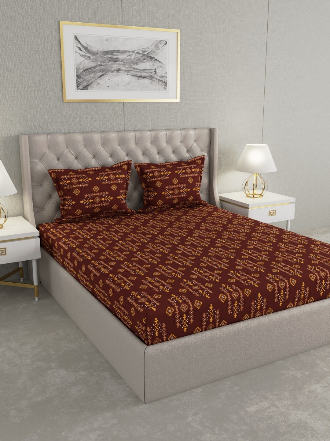 

Raymond Home Brown & Yellow Geometric 100 TC King Bedsheet with 2 Pillow Covers