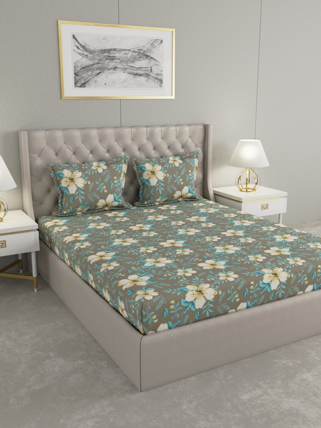 

Raymond Home Green & White Floral 100 TC King Bedsheet with 2 Pillow Covers