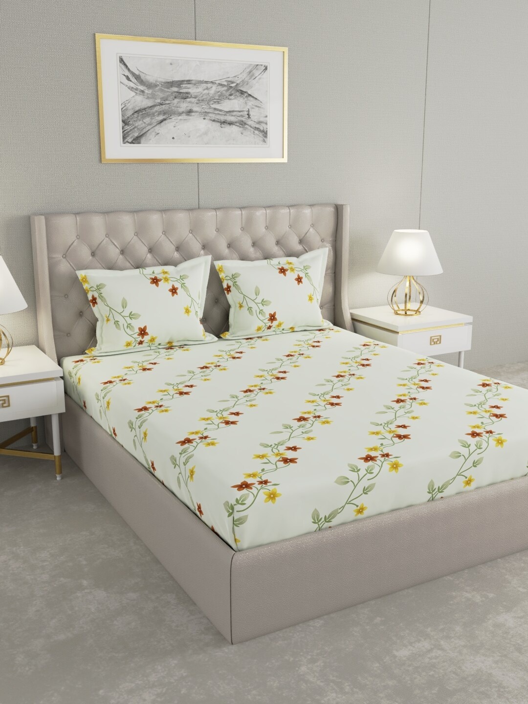 

Raymond Home Yellow & Green Floral 100 TC King Bedsheet with 2 Pillow Covers