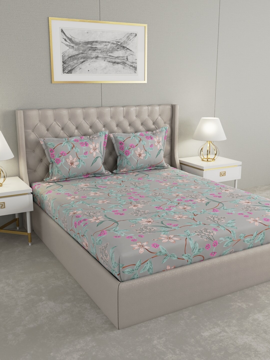 

Raymond Home Grey & Pink Floral 100 TC King Bedsheet with 2 Pillow Covers