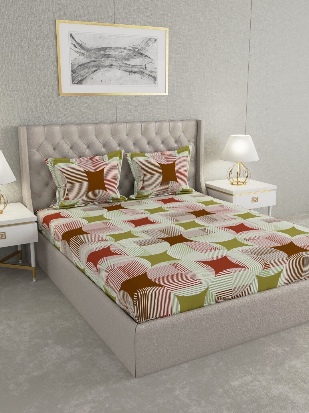 

Raymond Home Brown & Green Geometric 100 TC King Bedsheet with 2 Pillow Covers