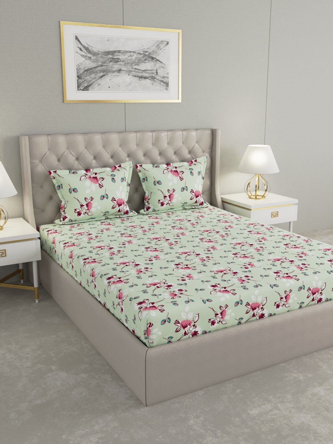 

Raymond Home Green & Pink Floral 100 TC King Bedsheet with 2 Pillow Covers