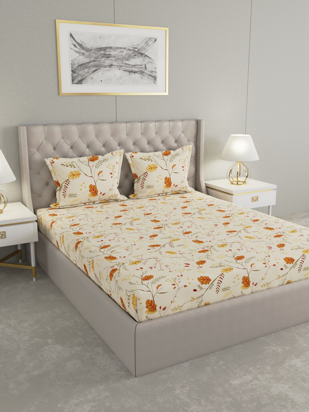 

Raymond Home Cream-Coloured Floral 100 TC King Bedsheet with 2 Pillow Covers
