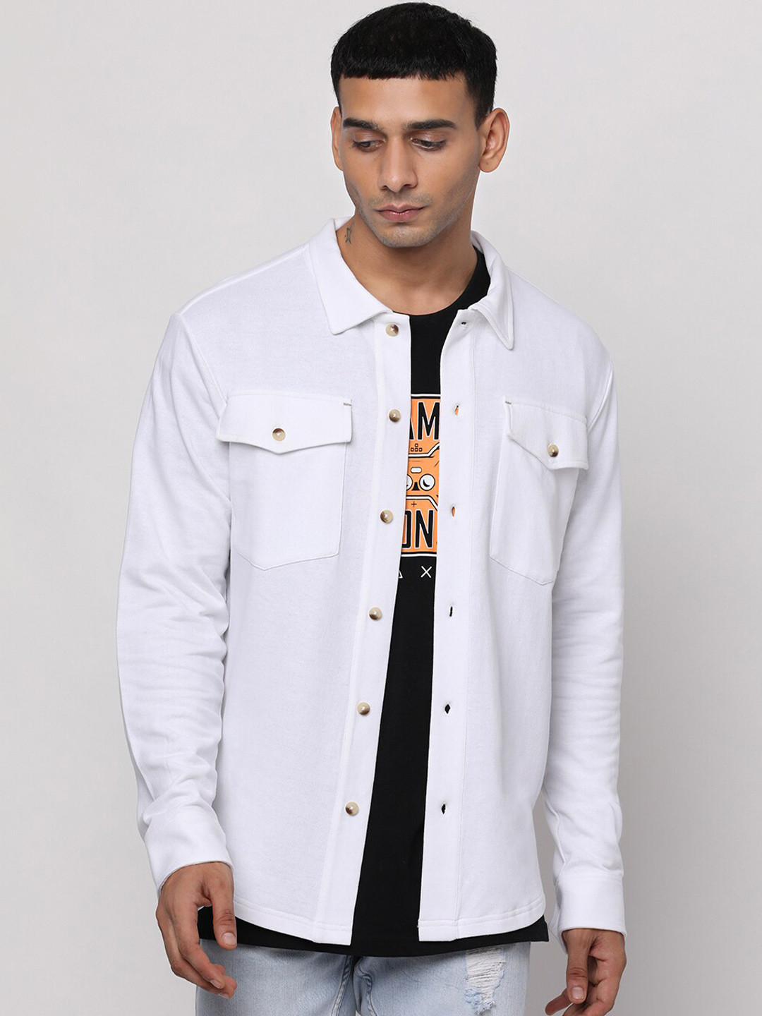

YOONOY Men White Comfort Boxy Cotton Casual Shirt