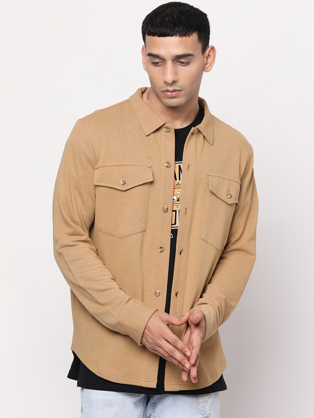 

YOONOY Men Beige Comfort Boxy Cotton Casual Shirt