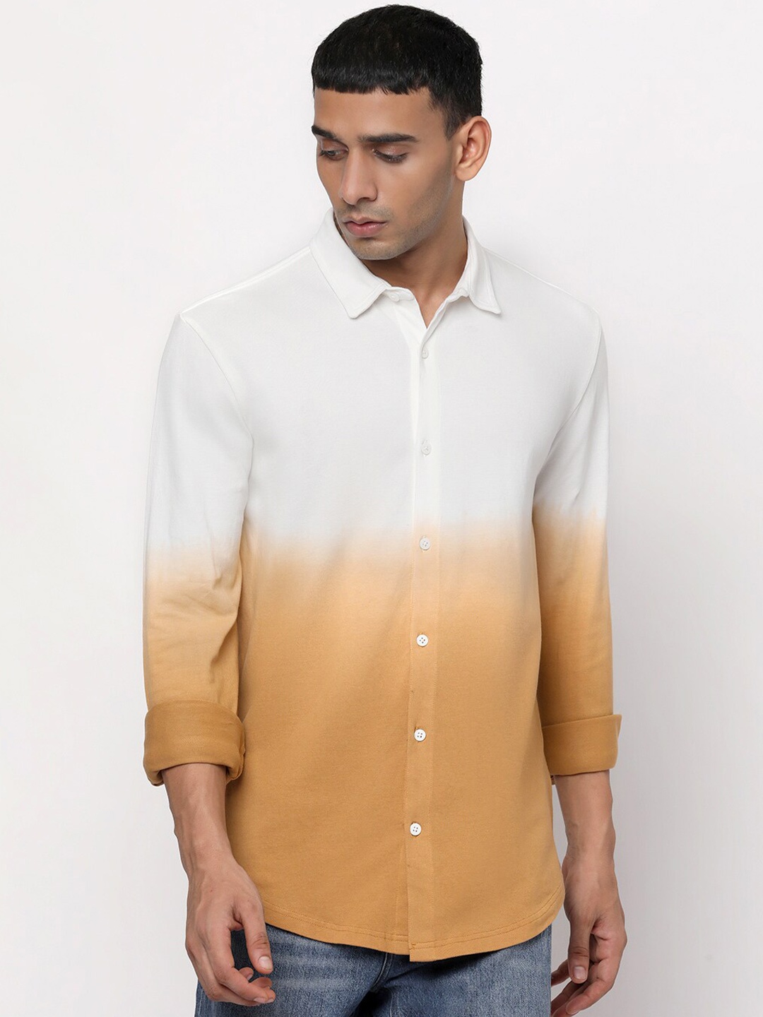 

YOONOY Men Comfort Slim Fit Colourblocked Cotton Casual Shirt, White