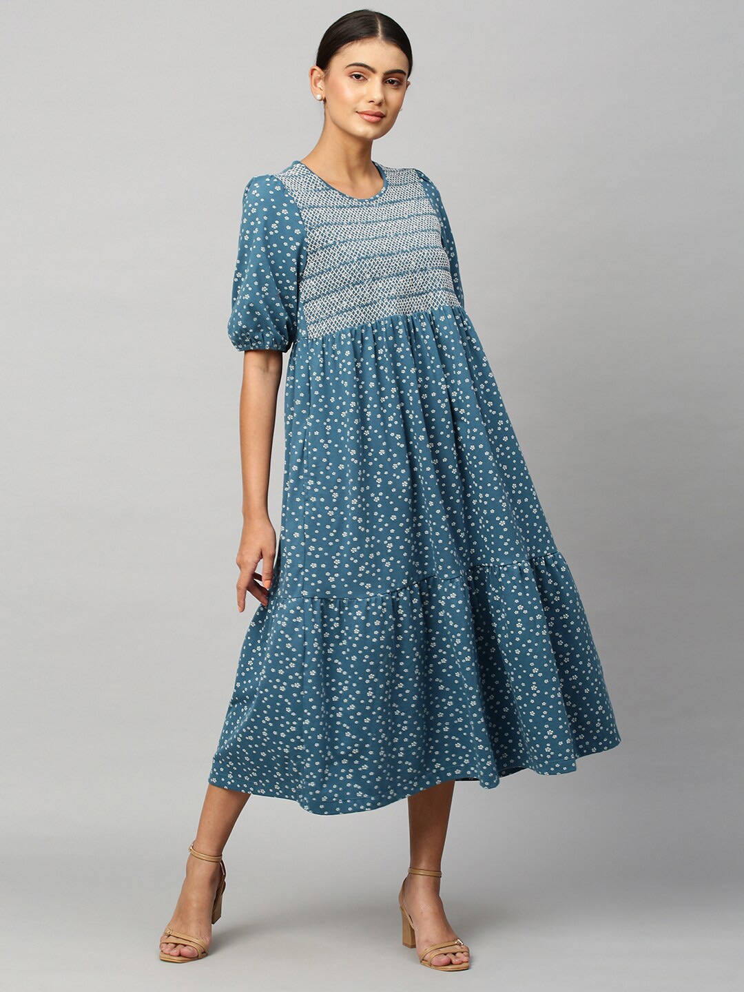 Chemistry Teal & White Cotton Floral A-Line Midi Dress
