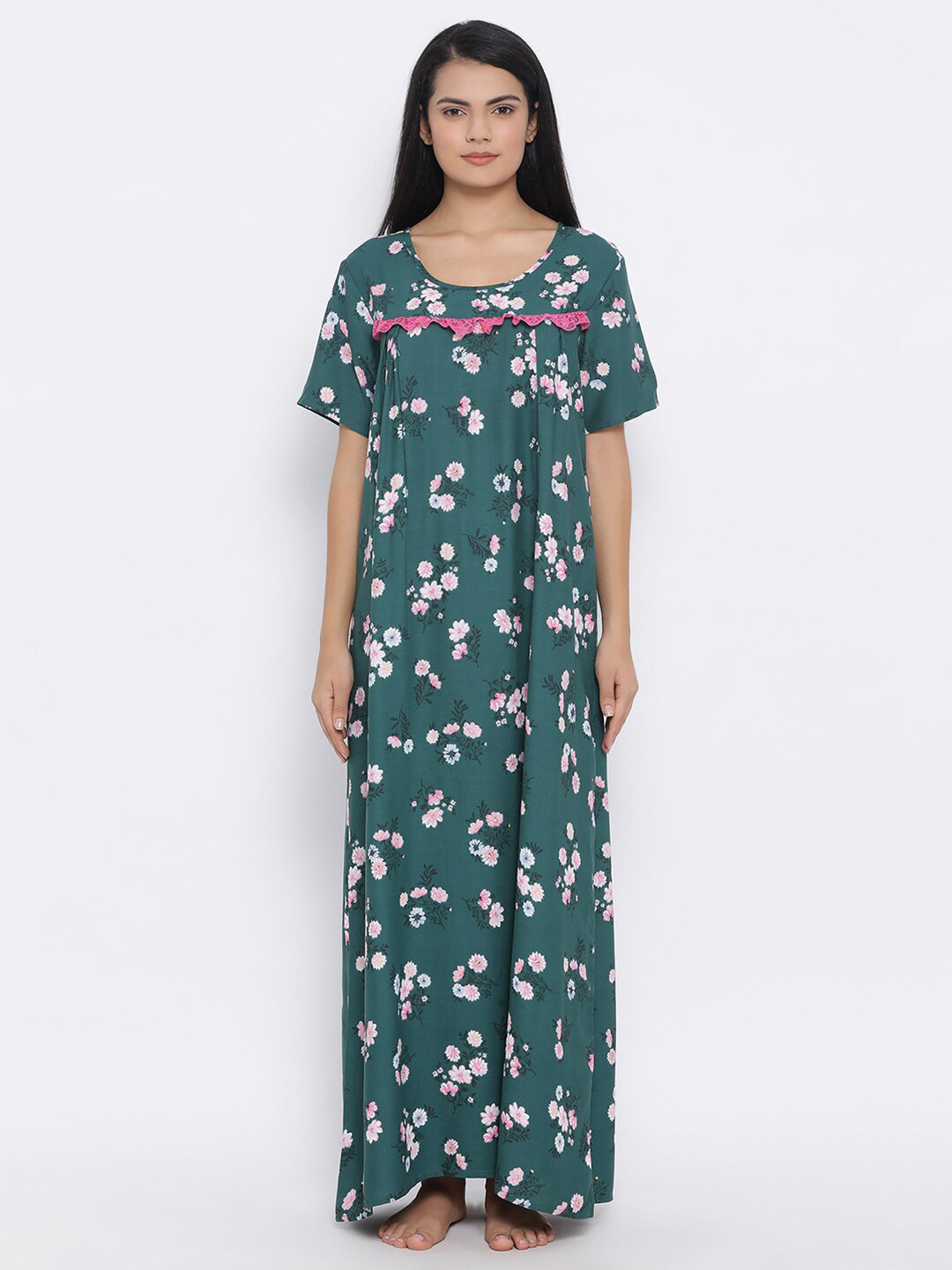 

Clovia Women Green Floral Printed Maxi Nightdress