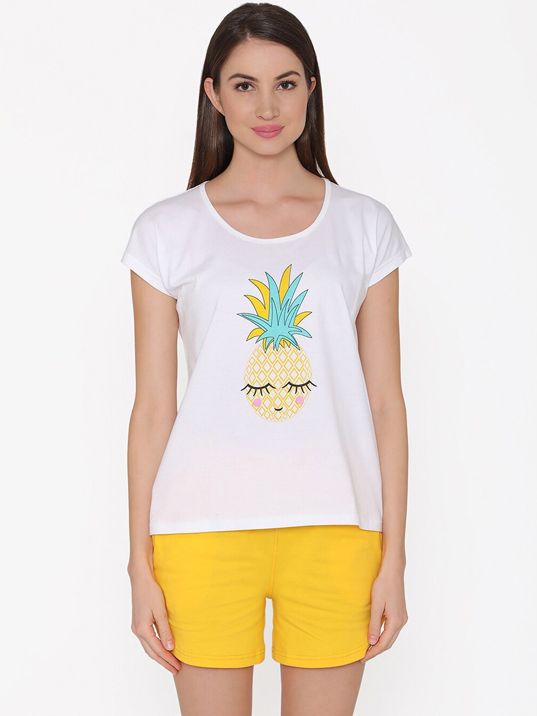 

Clovia Women White & Yellow Graphic Printed Night suit