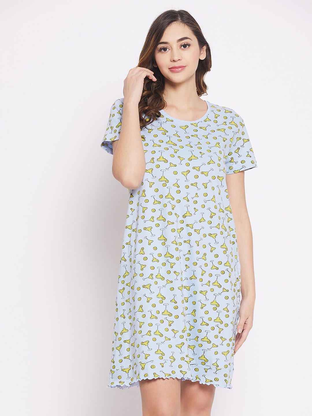 

Clovia Pure Cotton Margarita Print Short Night Dress, Blue