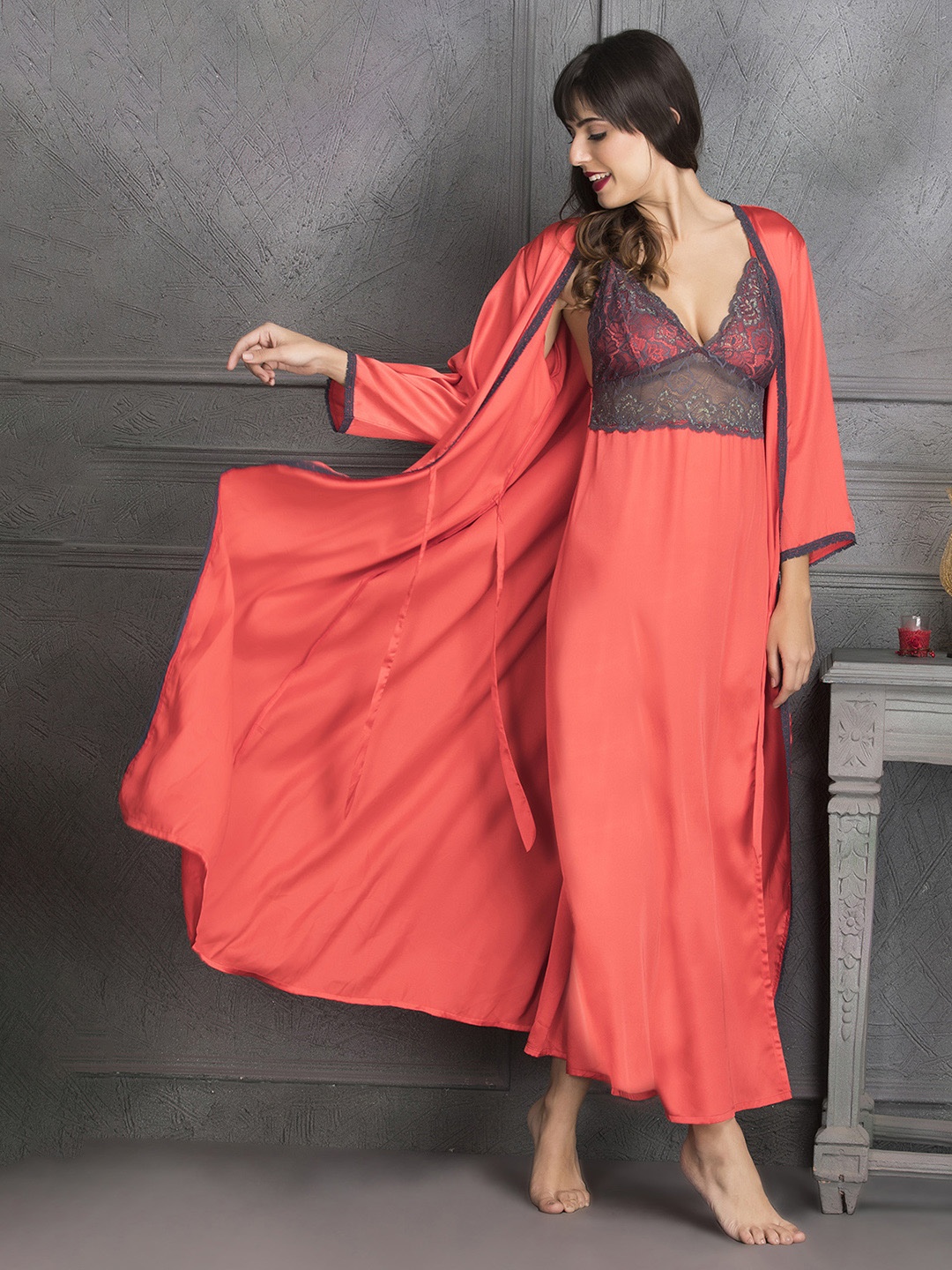 

Clovia Women Coral Solid Maxi Nightdress With Robe