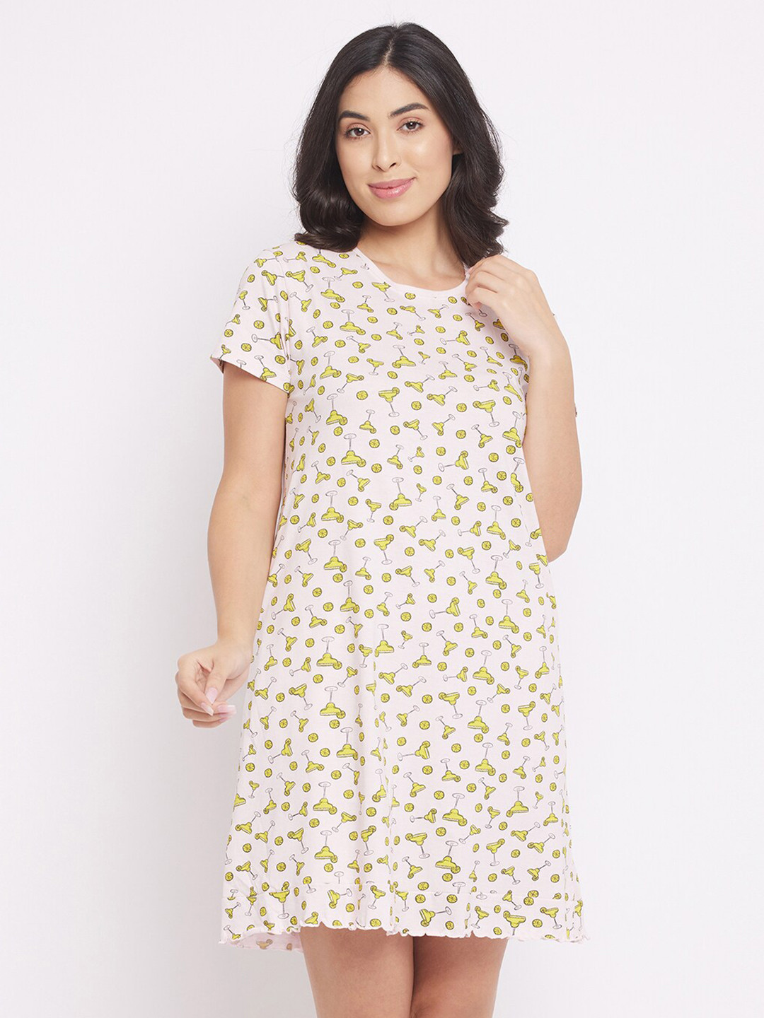 

Clovia Margarita Print 100% Cotton Short Night Dress, Pink
