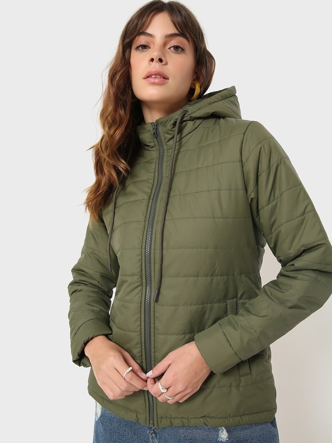 

Bewakoof Plus Women Plus Size Olive Green Lightweight Padded Jacket