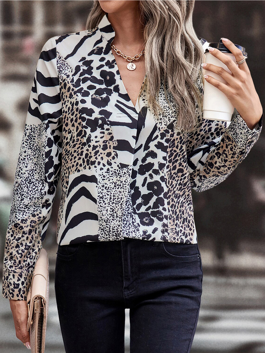

BoStreet Women White Animal Print Mandarin Collar Shirt Style Top