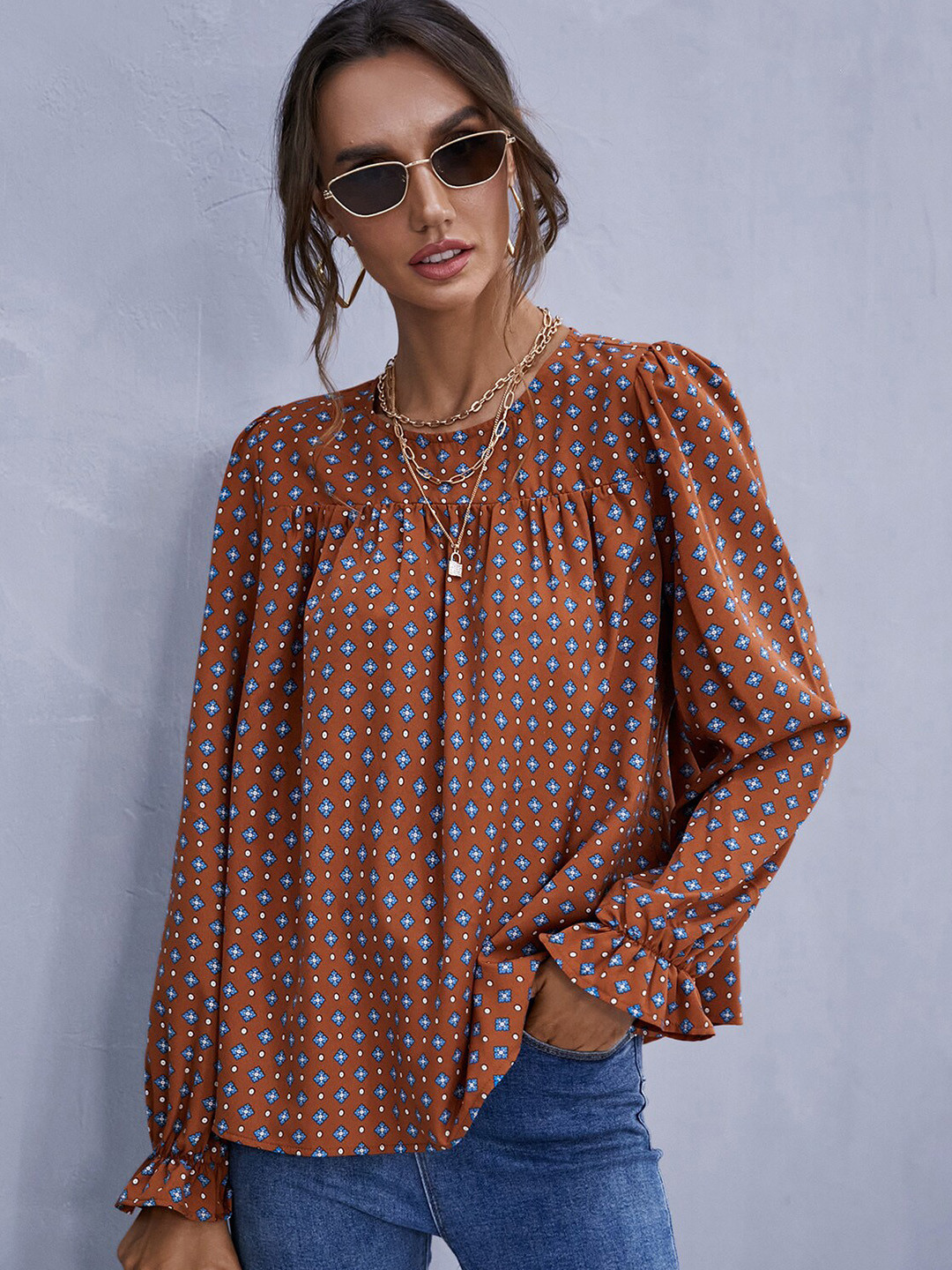 

BoStreet Brown & Blue Geometric Print Top