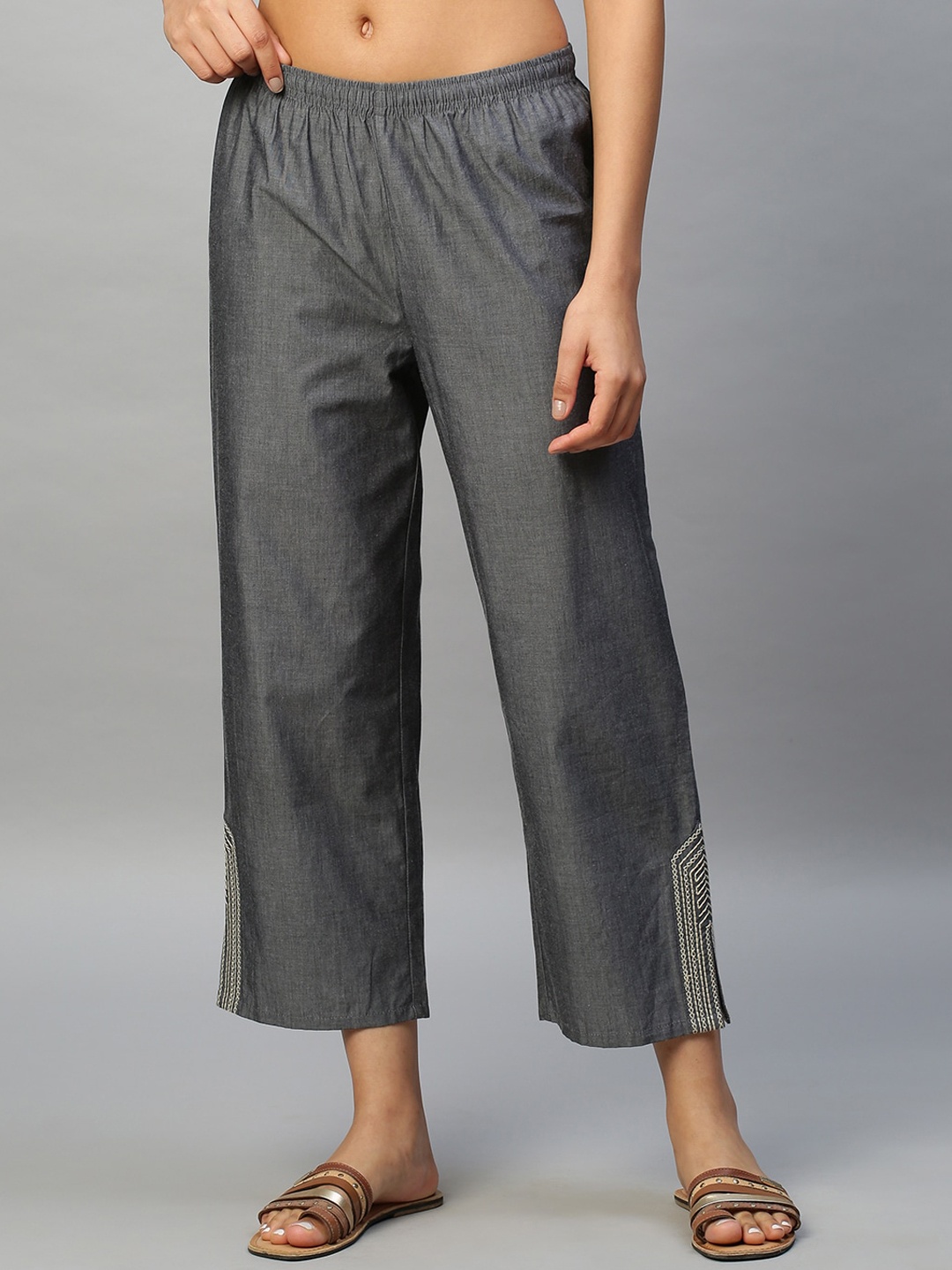 

Chemistry Women Embroidered Cropped Cotton Lounge Pants, Charcoal