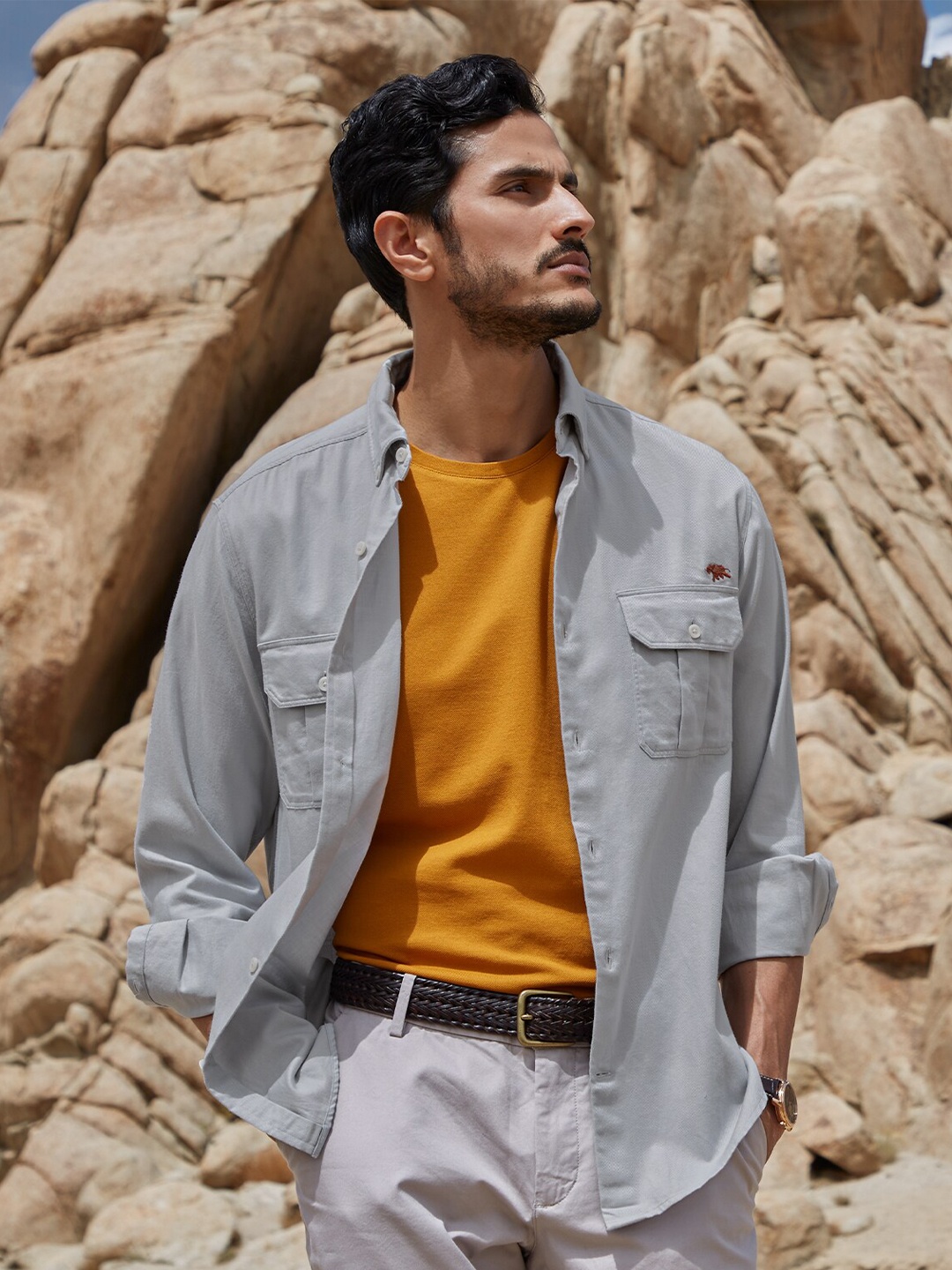 

Andamen Men Grey Classic Casual Cotton Shirt