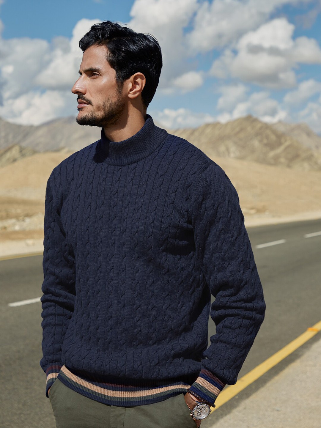 

Andamen Men Blue Cable Knit Cotton Pullover